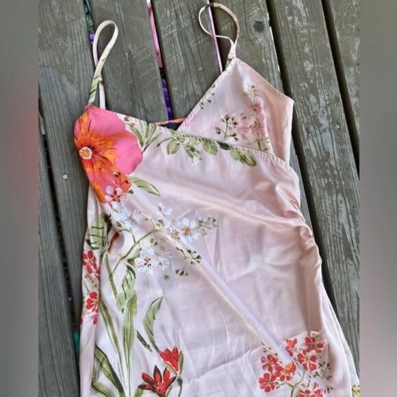 Lulu’s Satin Pink Floral Midi Slip Dress with thigh slit (S) - Picture 6 of 10